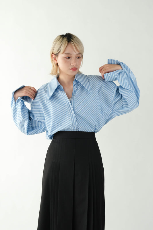 Pointed Collar Striped Mid Length Shirt