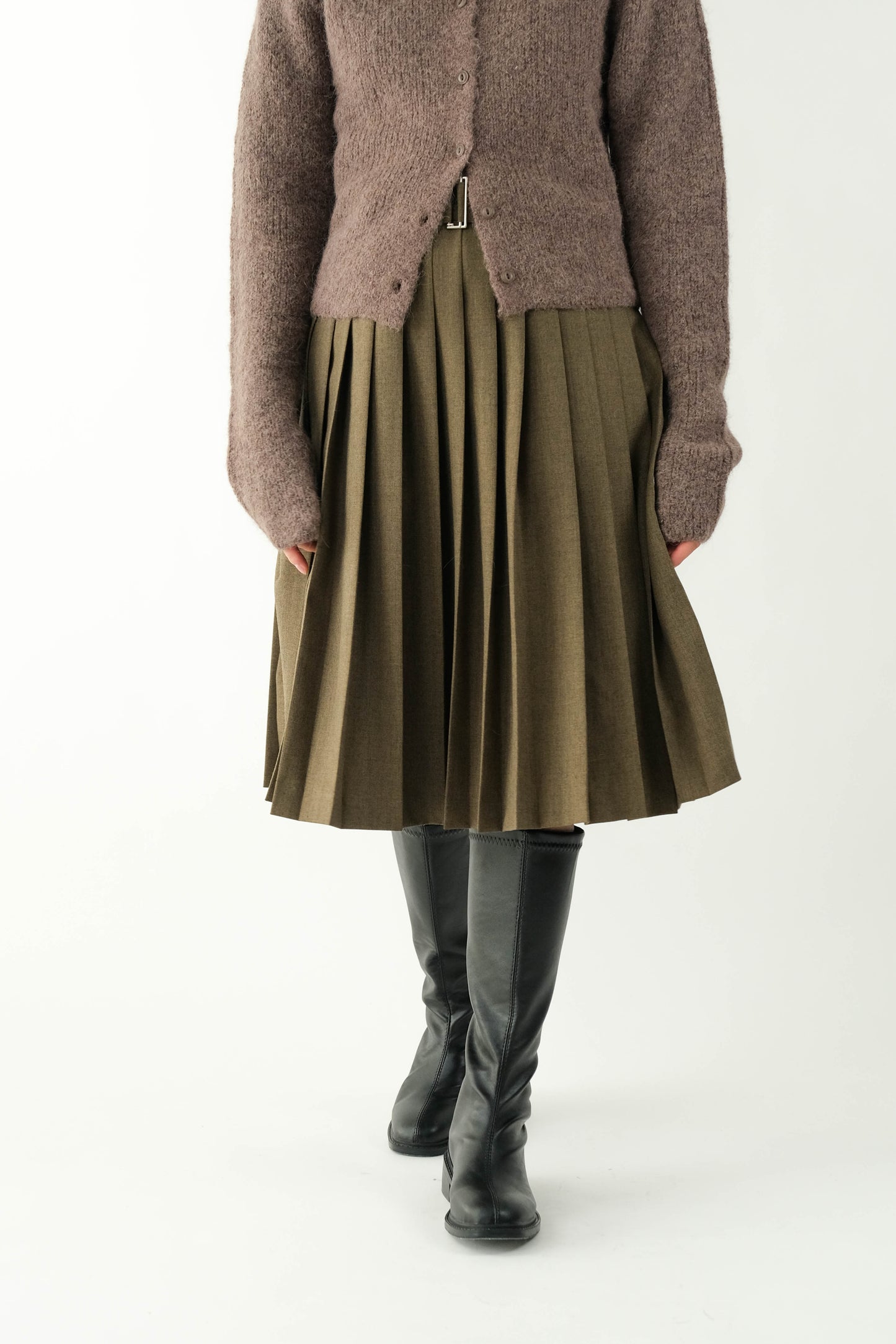 Belted Pleat Mid Skirt - Brown