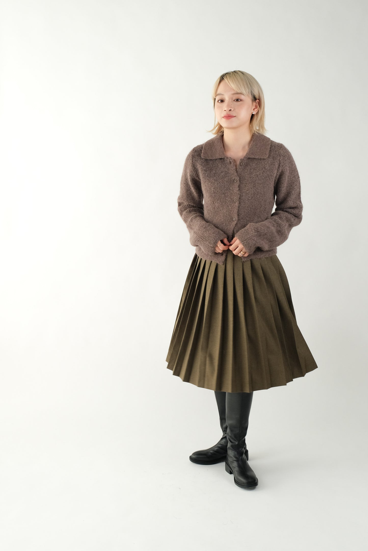 Belted Pleat Mid Skirt - Brown