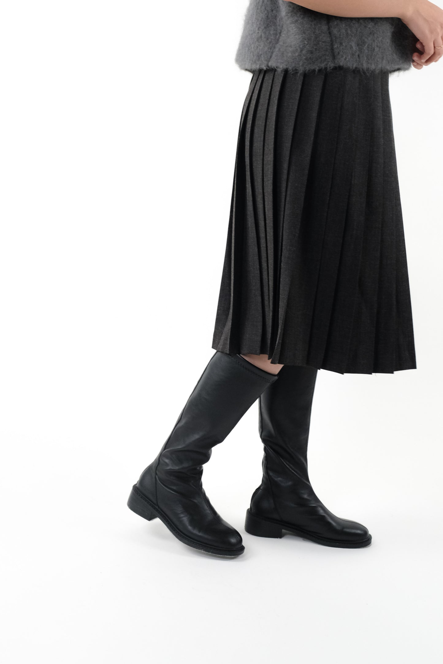 Belted Pleat Mid Skirt - Dark Grey