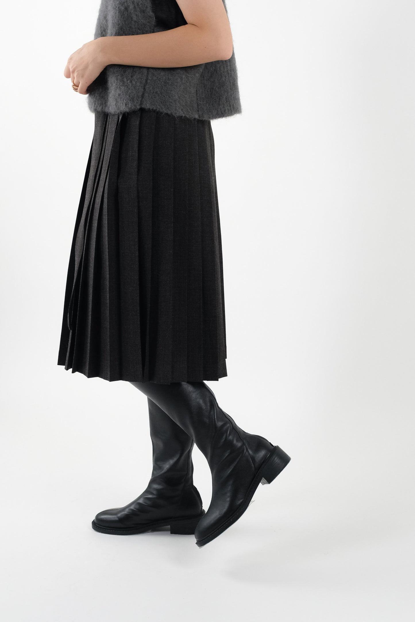 Belted Pleat Mid Skirt - Dark Grey