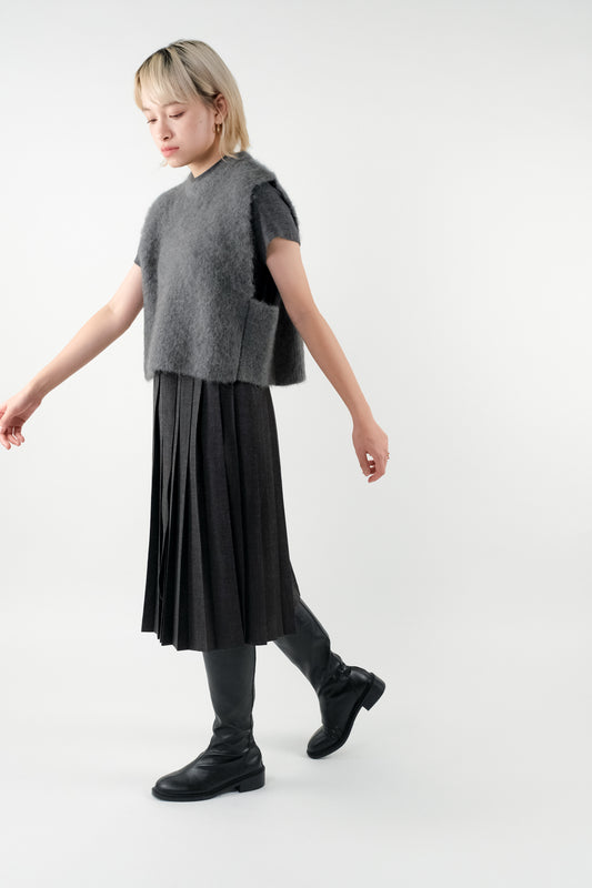 Belted Pleat Mid Skirt - Dark Grey