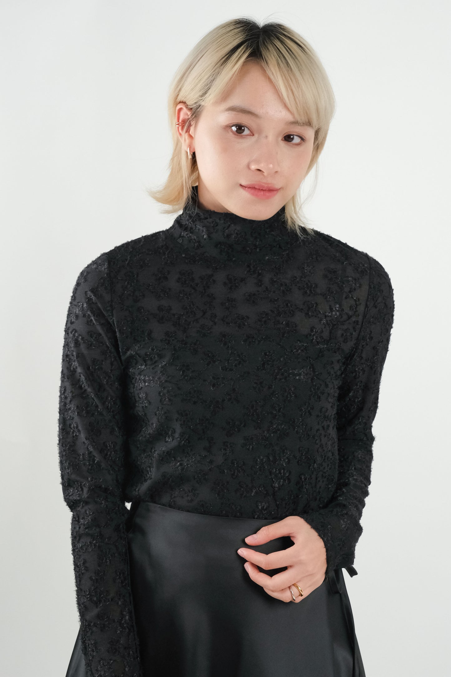 Semi-Sheer Embroidered Floral Stand Collar Top - Black