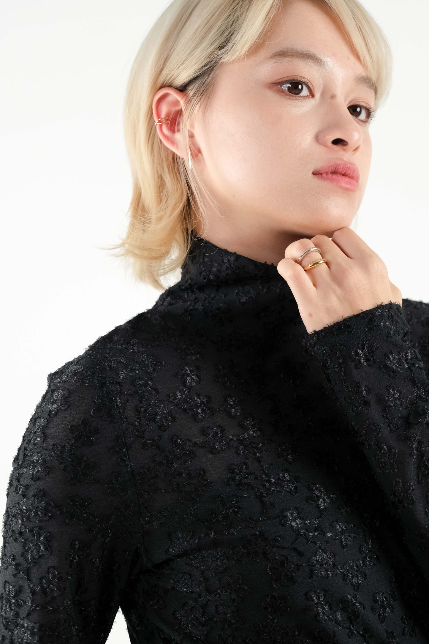 Semi-Sheer Embroidered Floral Stand Collar Top - Black