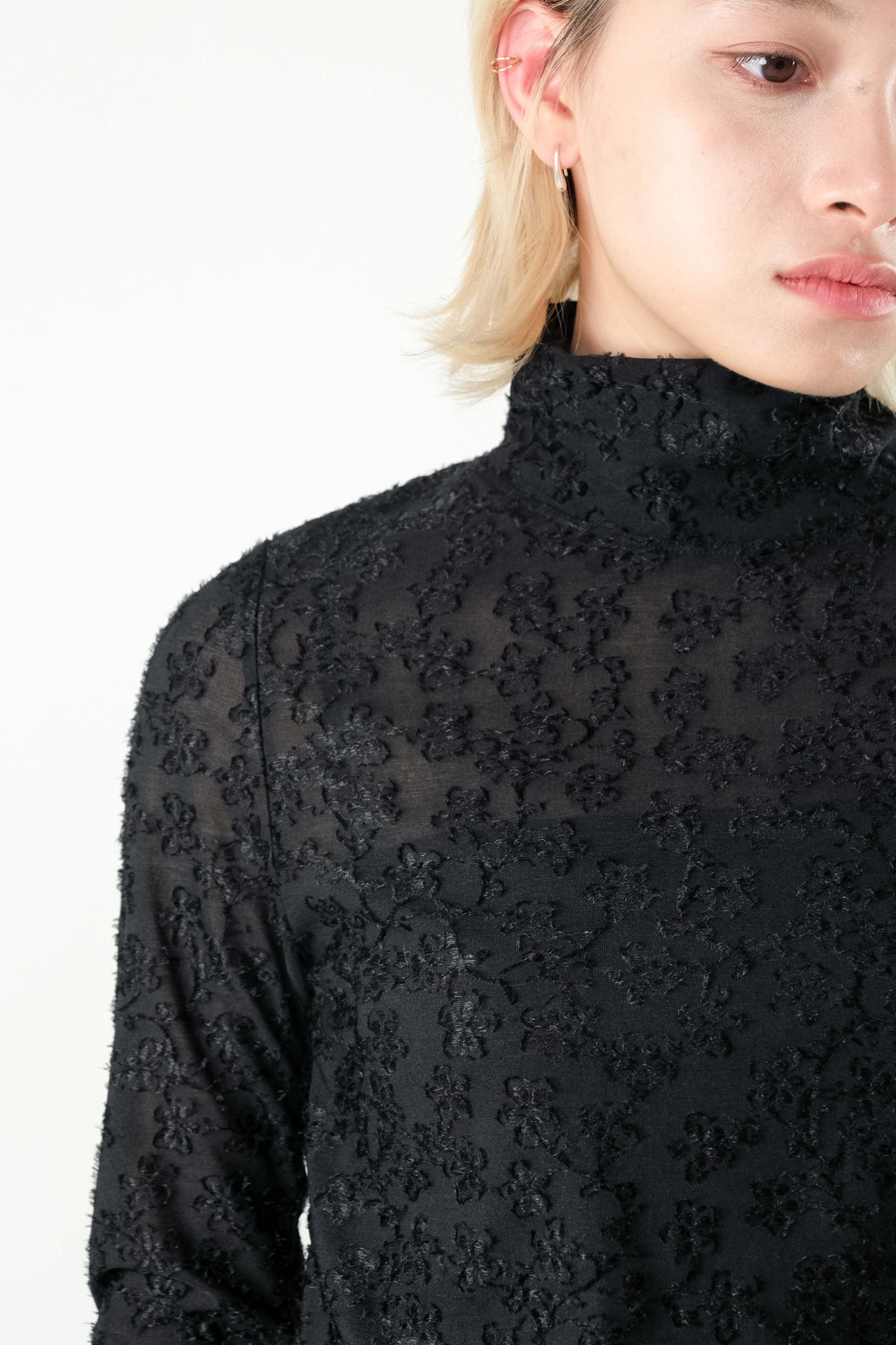 Semi-Sheer Embroidered Floral Stand Collar Top - Black