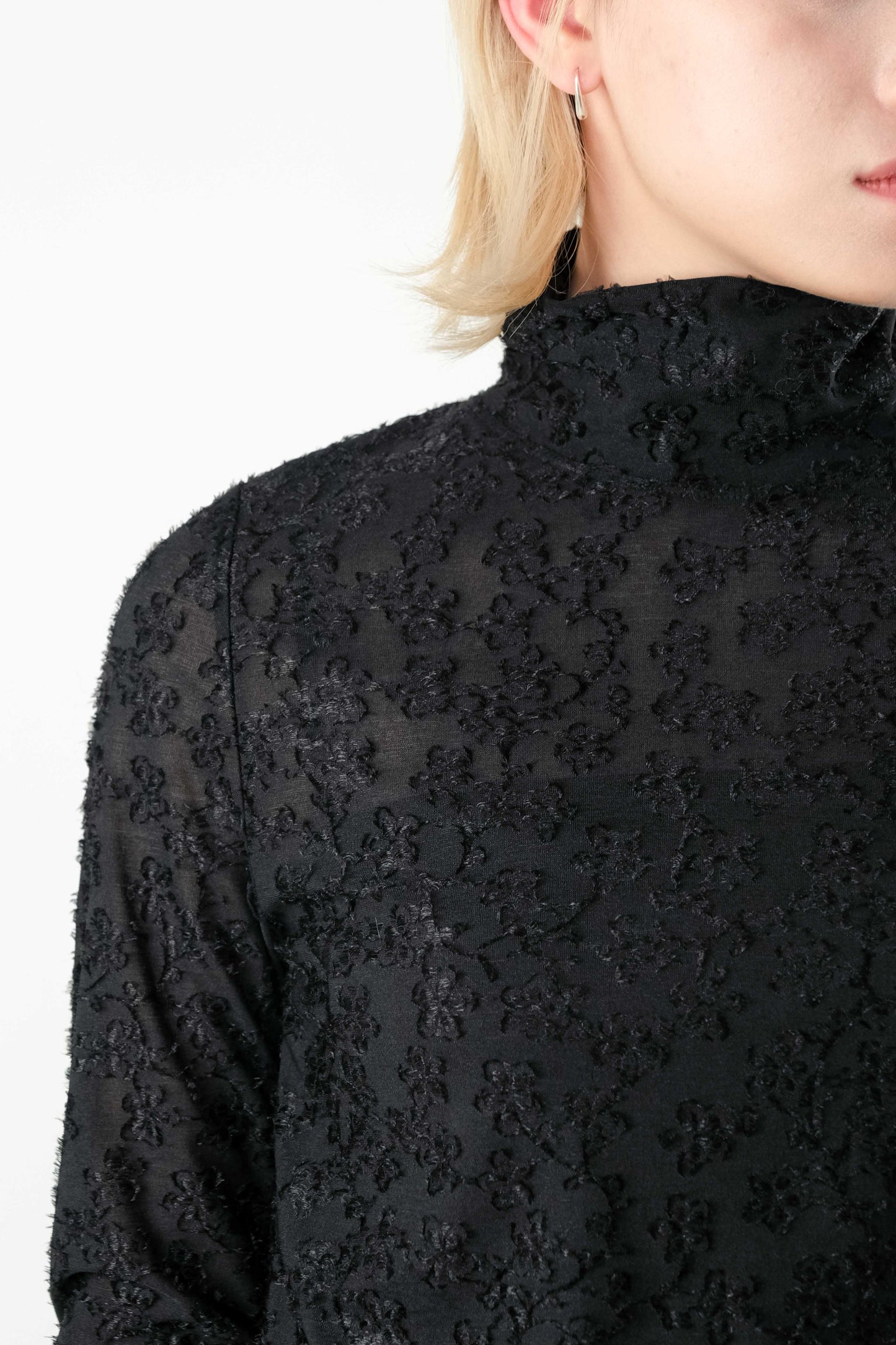 Semi-Sheer Embroidered Floral Stand Collar Top - Black