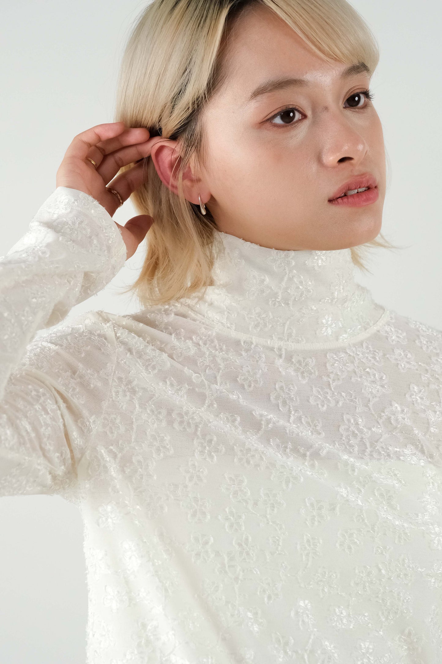 Sheer Mesh Embroidered Zigzag Turtleneck Top