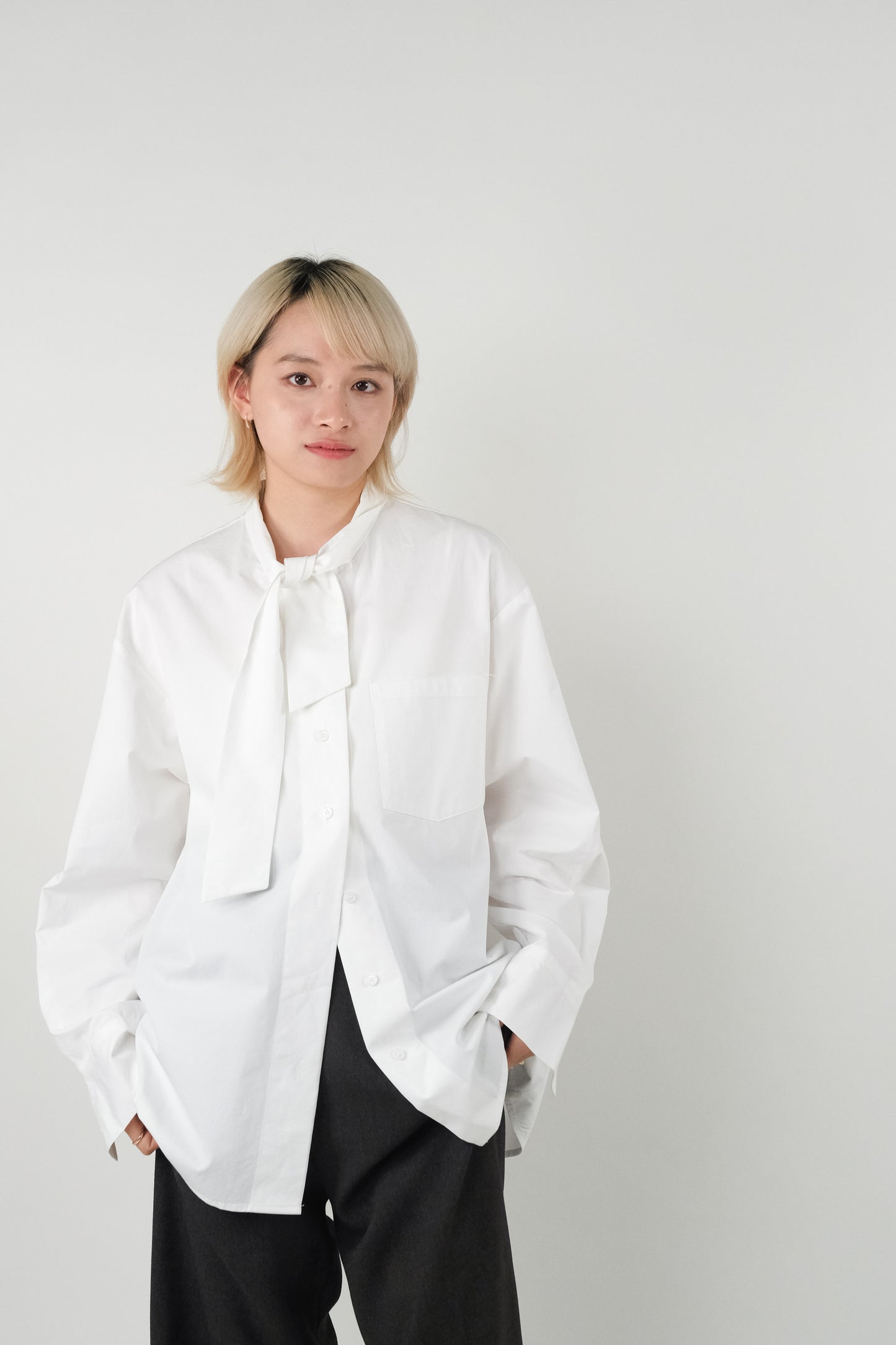 Collar Bow Cotton Mid Length Shirt - White