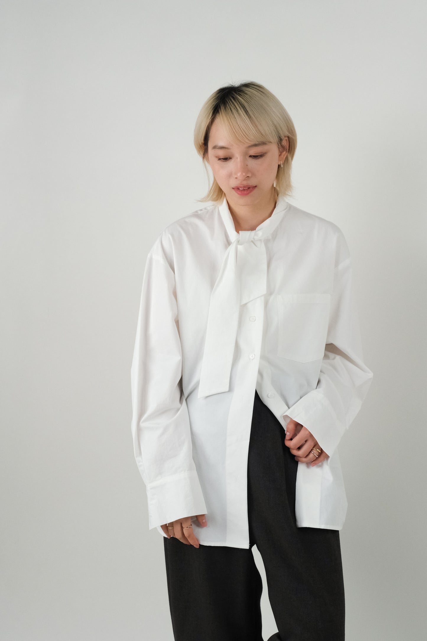 Collar Bow Cotton Mid Length Shirt - White