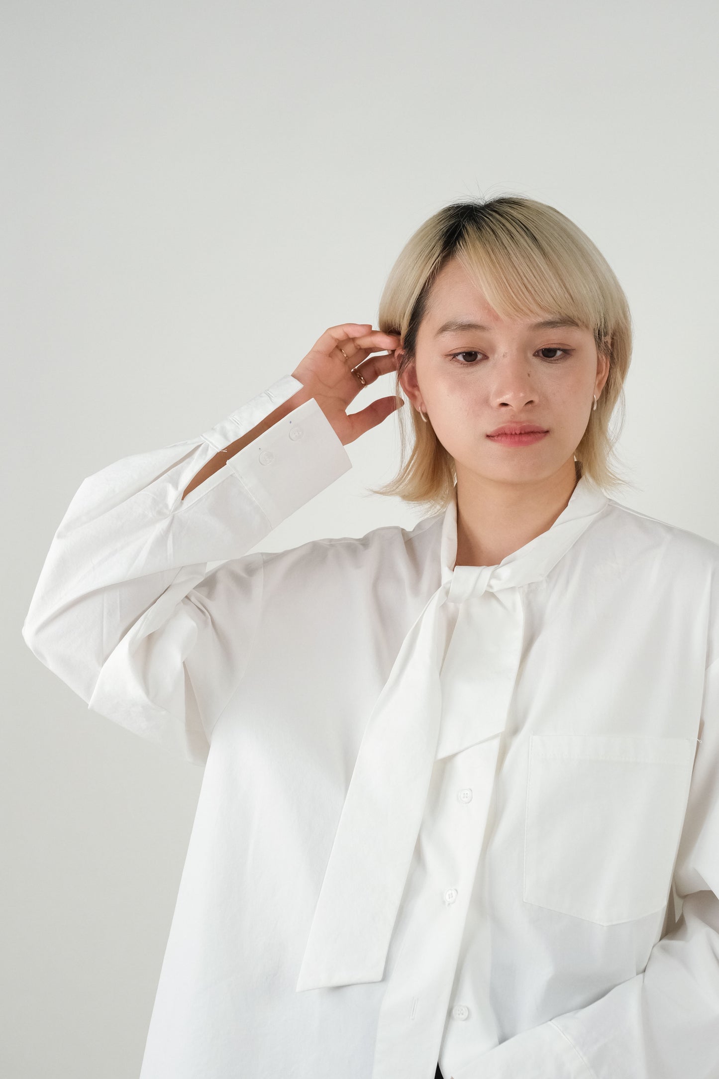 Collar Bow Cotton Mid Length Shirt - White