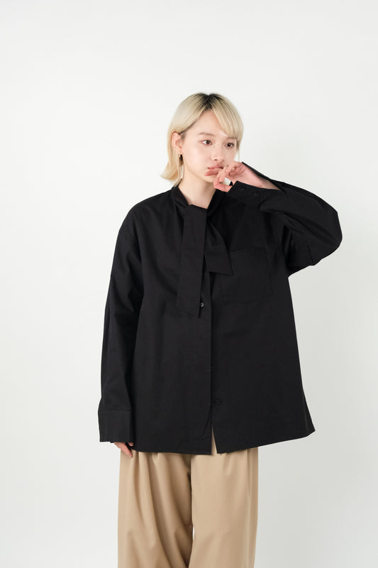 Collar Bow Cotton Mid Length Shirt - Black