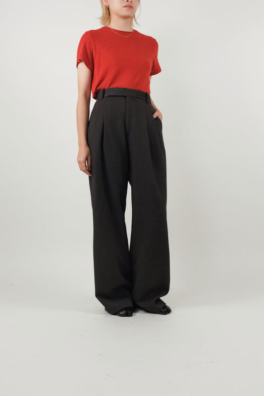 High Waisted Strap Pleated Straight Pants - Dark Grey